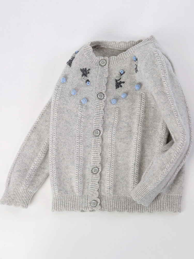 (image for) Kids Light Grey Floral Embroidery Cashmere Button-Up Cardigan